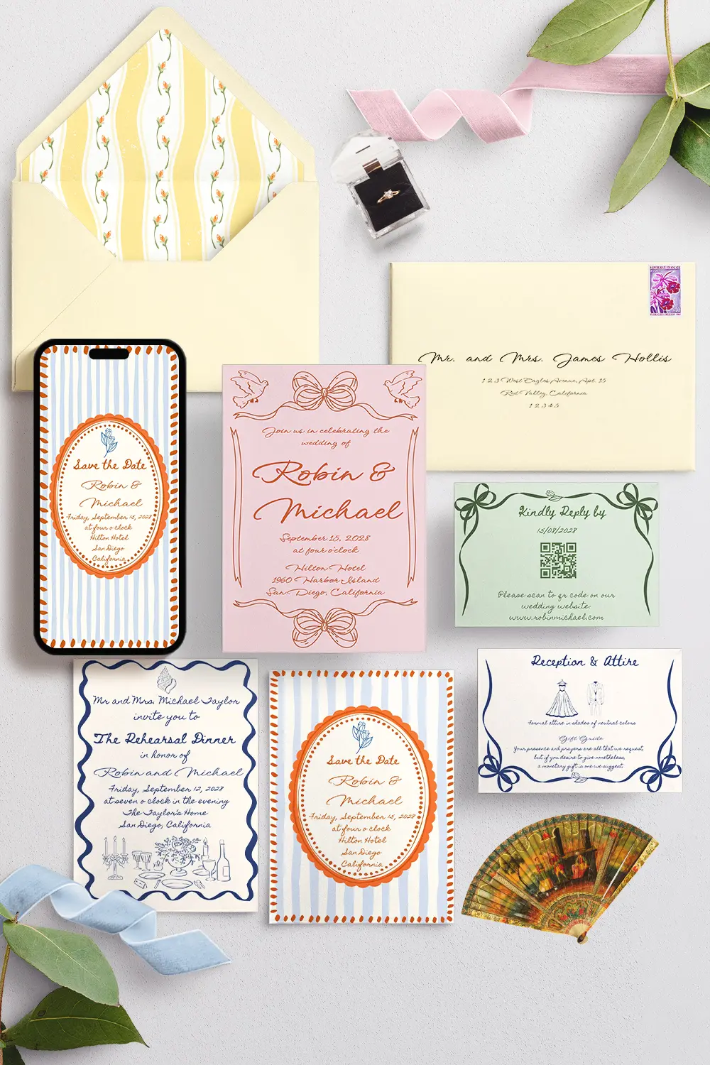 Hand-drawn boho line-art pattern doddle style wedding invitation suites with playful line art and boho sketch details in soft romantic tones. Envelope addressing template with whimsical hand-drawn accents and floral sketch design. A7 envelope liner with whimsical floral sketches