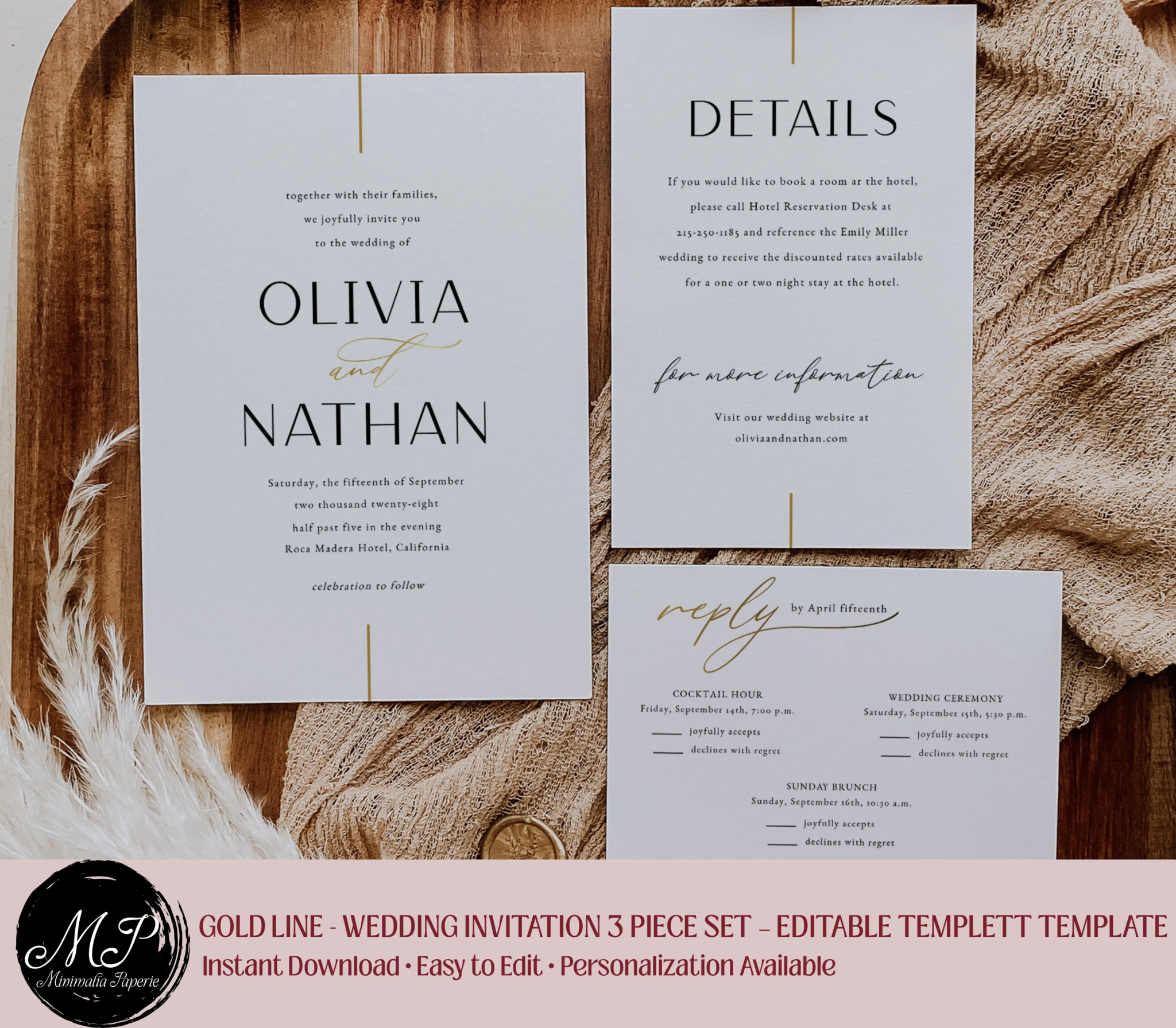 Minimalist Gold Line Wedding Invitation Template Set