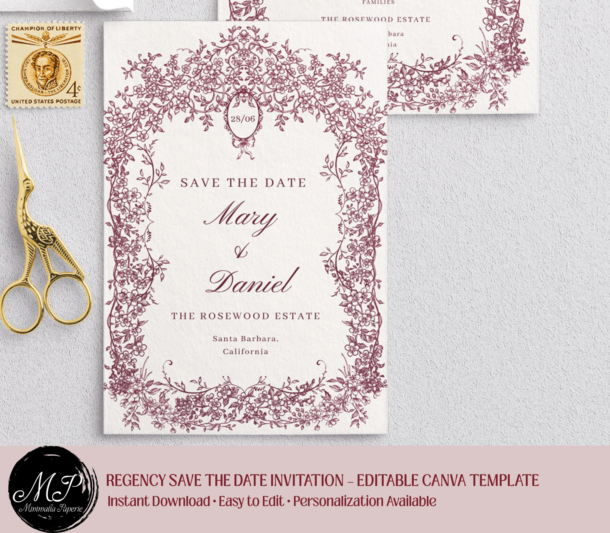 Regency Save the Date Template - Editable Canva templates